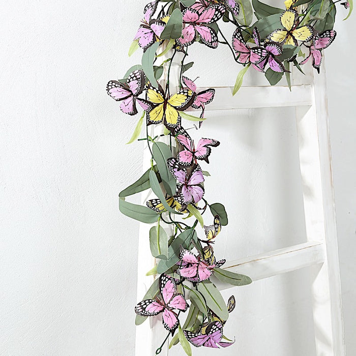 3 pcs Faux Butterfly Flowers 6 ft Garlands with Willow Greenery Leaves - Assorted