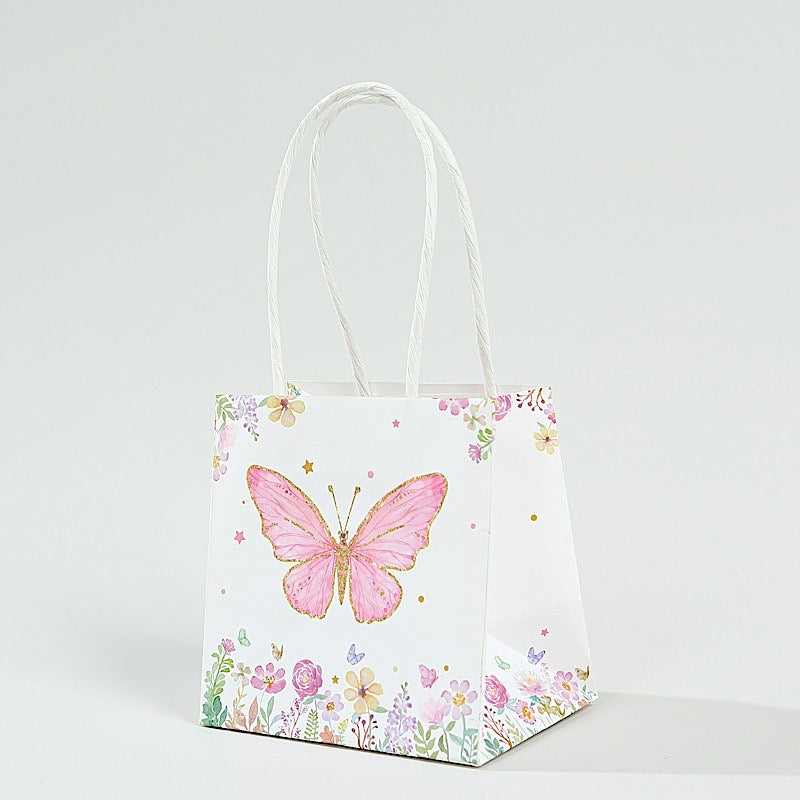 12 Glitter Butterfly Paper Gift Bags with Handles - Pink and White