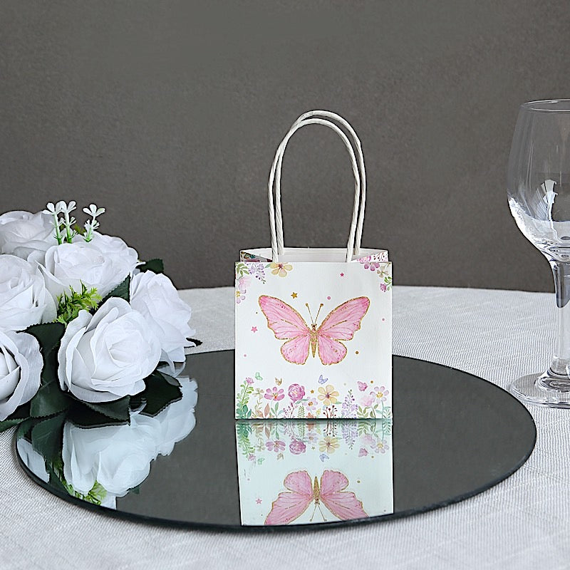 12 Glitter Butterfly Paper Gift Bags with Handles - Pink and White