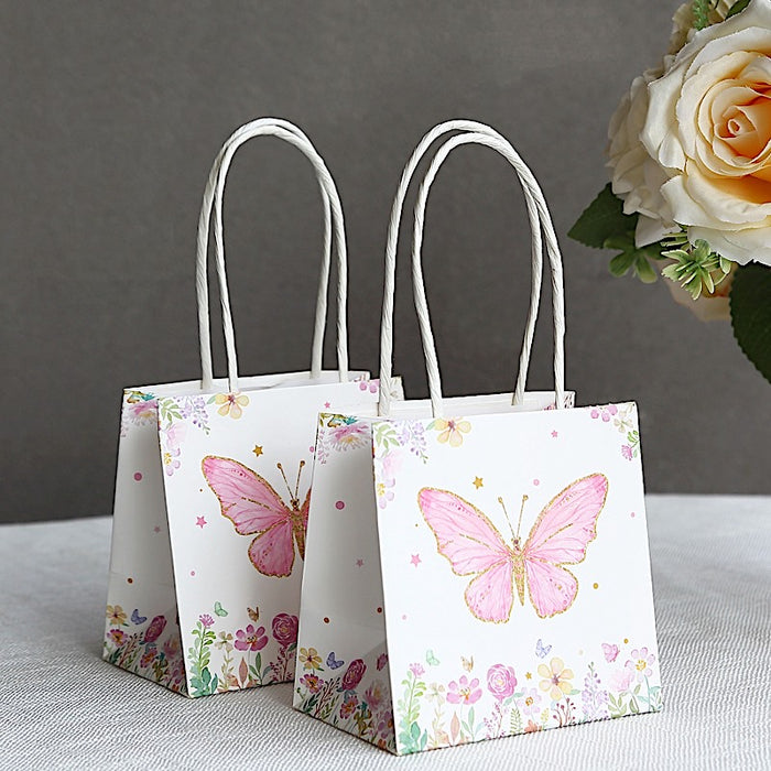 12 Glitter Butterfly Paper Gift Bags with Handles - Pink and White