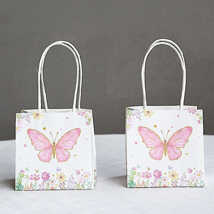 12 Glitter Butterfly Paper Gift Bags with Handles - Pink and White