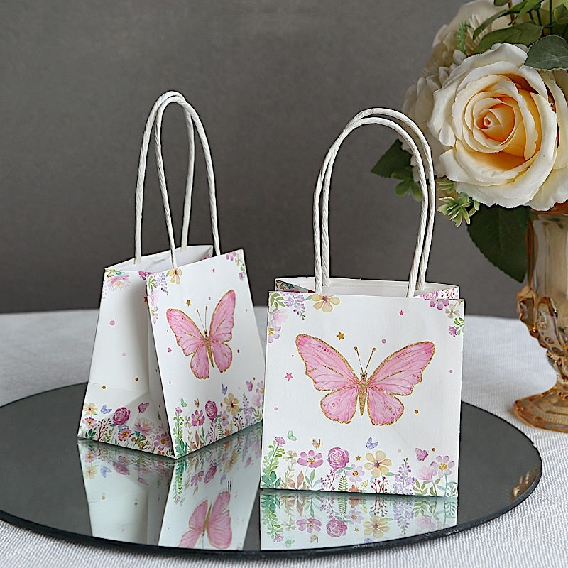 12 Glitter Butterfly Paper Gift Bags with Handles - Pink and White