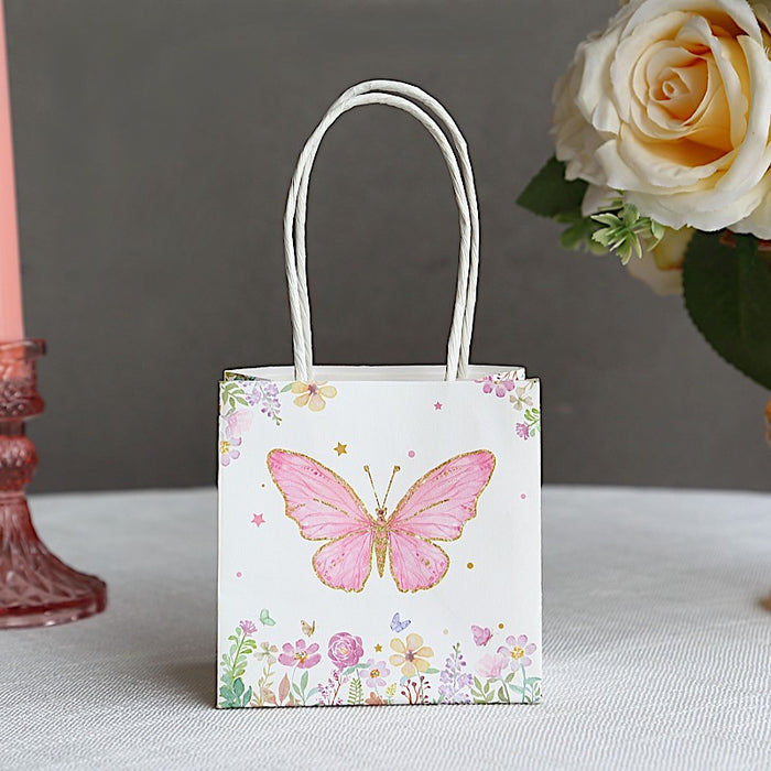 12 Glitter Butterfly Paper Gift Bags with Handles - Pink and White