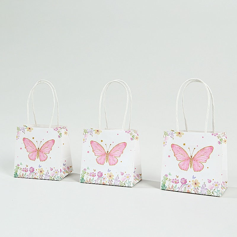 12 Glitter Butterfly Paper Gift Bags with Handles - Pink and White