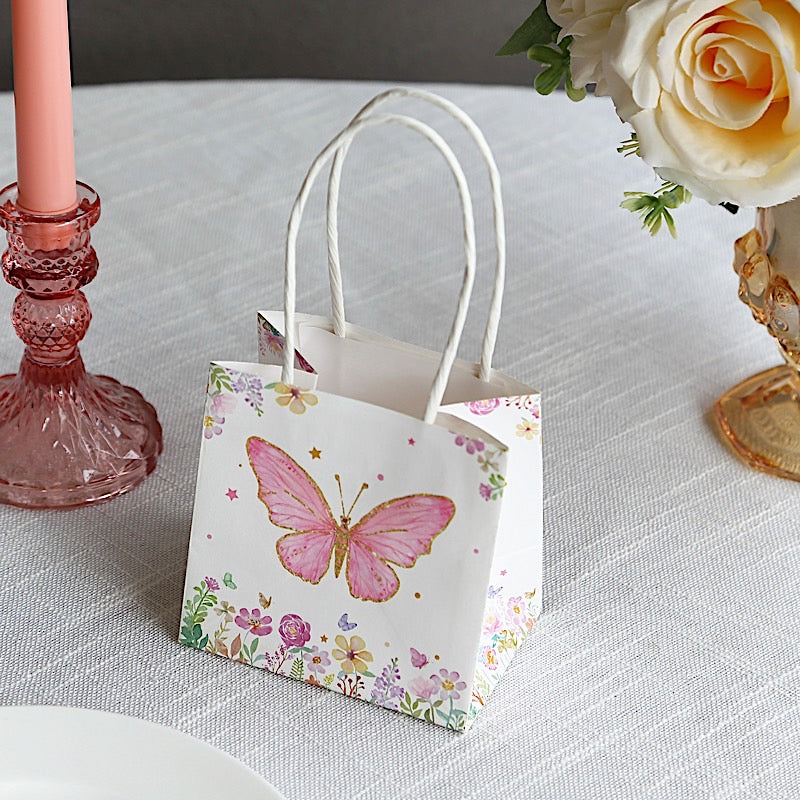 12 Glitter Butterfly Paper Gift Bags with Handles - Pink and White