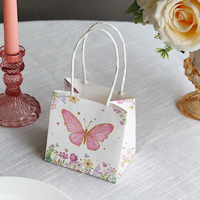 12 Glitter Butterfly Paper Gift Bags with Handles - Pink and White