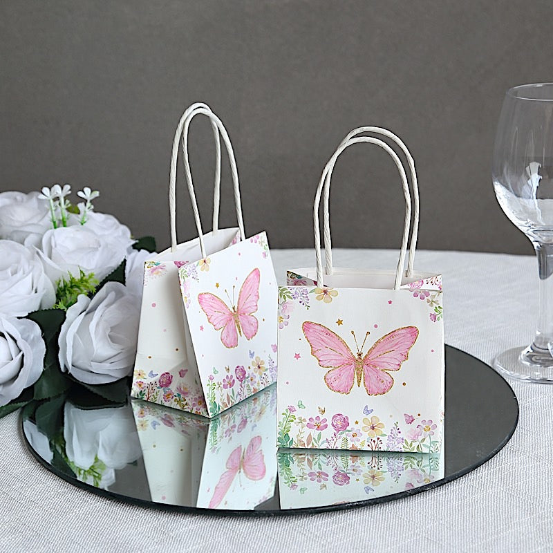 12 Glitter Butterfly Paper Gift Bags with Handles - Pink and White