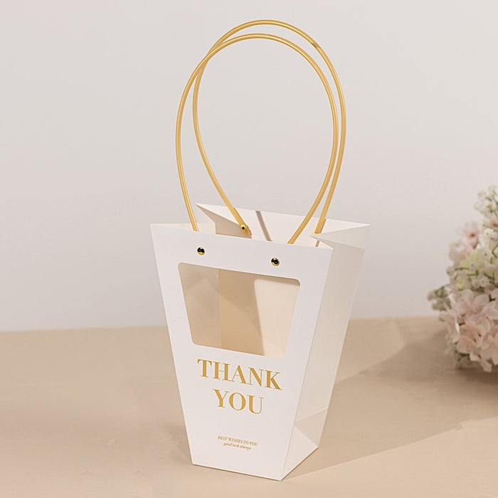 6 Window Paper Flower Gift Bags with Handles - Clear and White