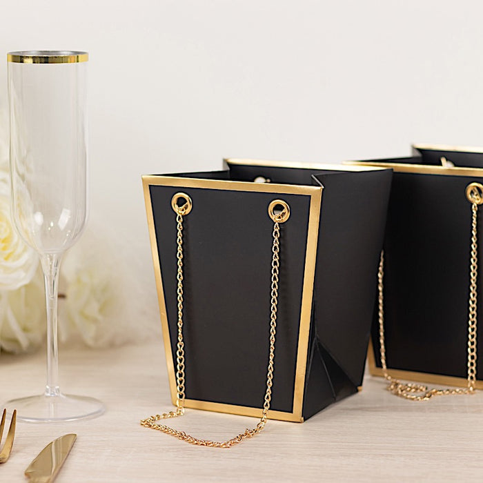 6 Gold Edge Trapezoid 5" Paper Gift Bags with Metal Chain Handles