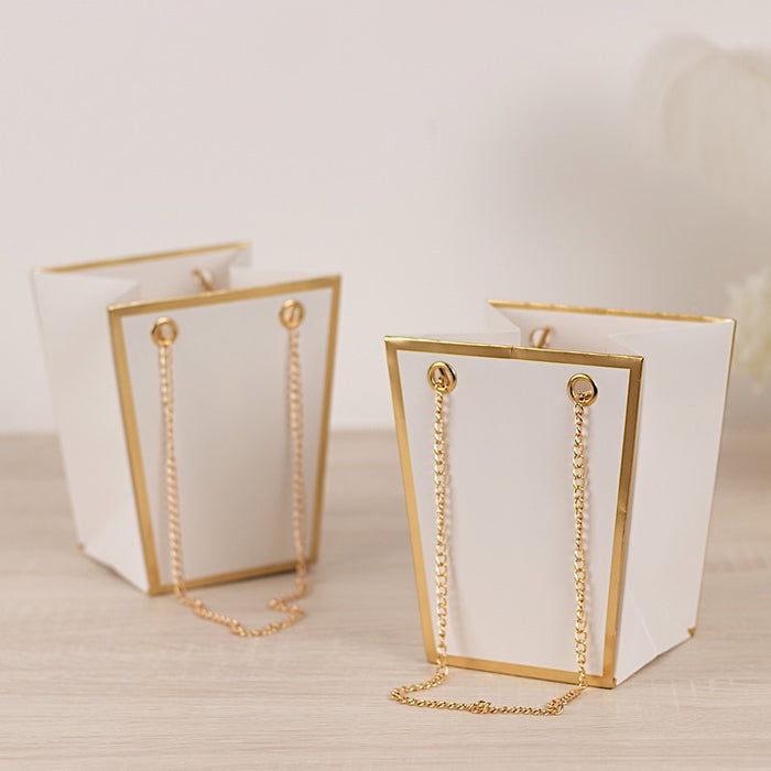 6 Gold Edge Trapezoid 5" Paper Gift Bags with Metal Chain Handles