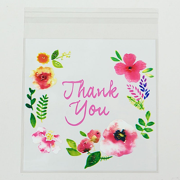 100 PVC Cookie Candy Bags With "Thank You" Floral Print - Clear and White