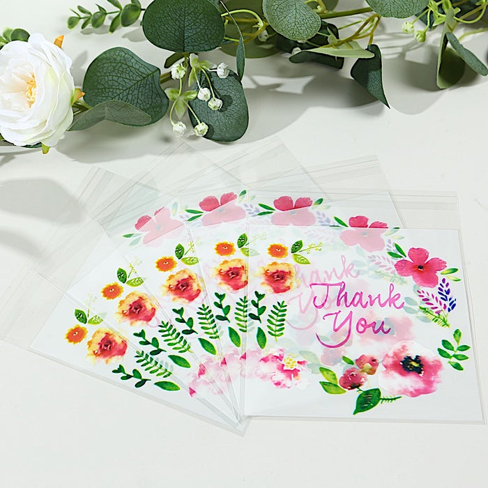 100 PVC Cookie Candy Bags With "Thank You" Floral Print - Clear and White