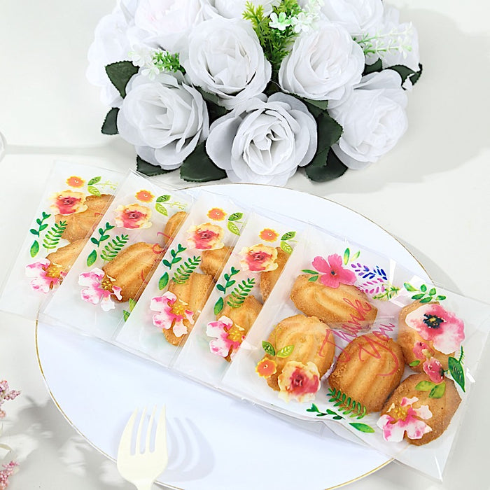 100 PVC Cookie Candy Bags With "Thank You" Floral Print - Clear and White