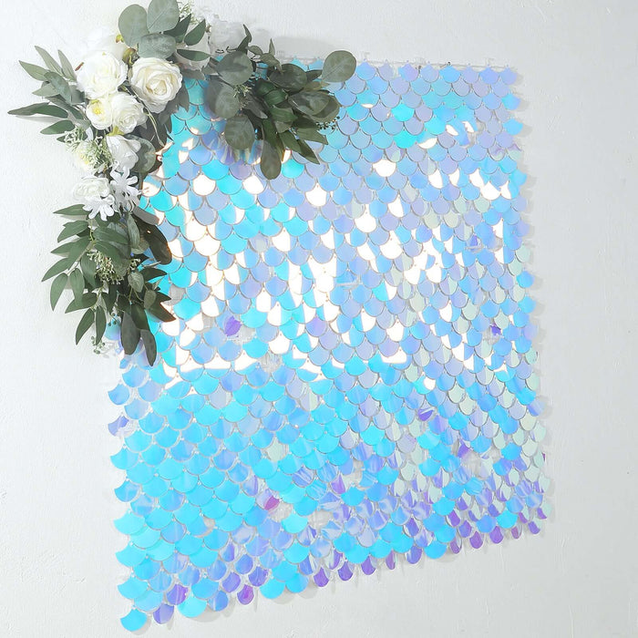 24 Mermaid Scales Sequin Shimmer Wall Photo Backdrop Panels - Iridescent Blue