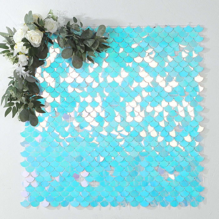 24 Mermaid Scales Sequin Shimmer Wall Photo Backdrop Panels - Iridescent Blue