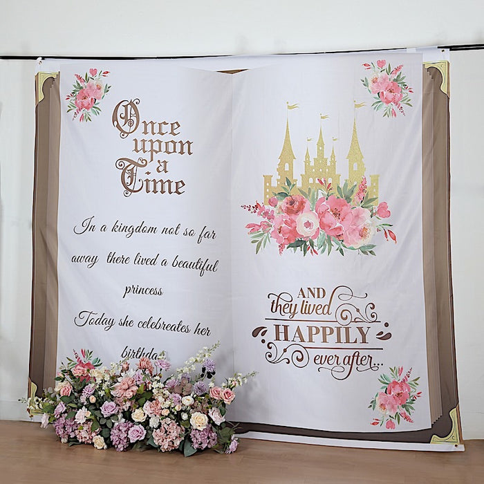 8 ft x 7 ft Fairy Tale Book Vinyl Photography Backdrop - White and Gold