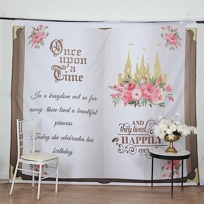 8 ft x 7 ft Fairy Tale Book Vinyl Photography Backdrop - White and Gold