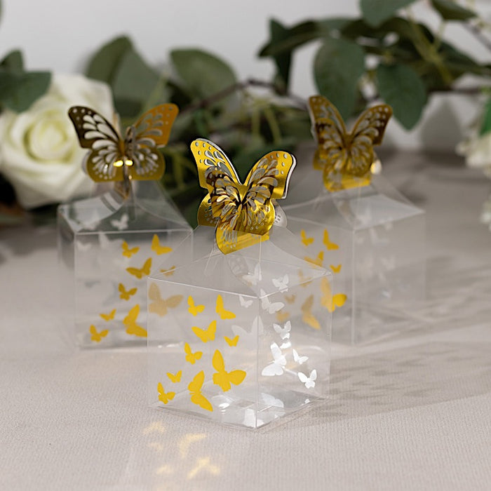 25 Plastic Square Candy Gift Boxes with Gold Butterfly Top - Clear