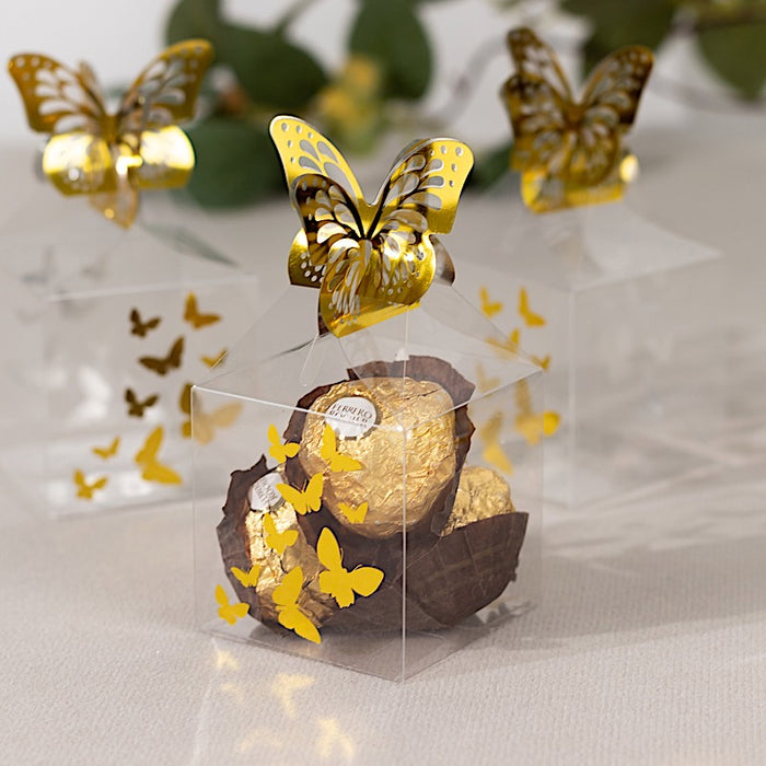 25 Plastic Square Candy Gift Boxes with Gold Butterfly Top - Clear