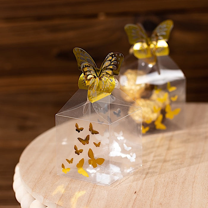 25 Plastic Square Candy Gift Boxes with Gold Butterfly Top - Clear