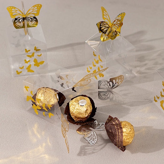 25 Plastic Square Candy Gift Boxes with Gold Butterfly Top - Clear