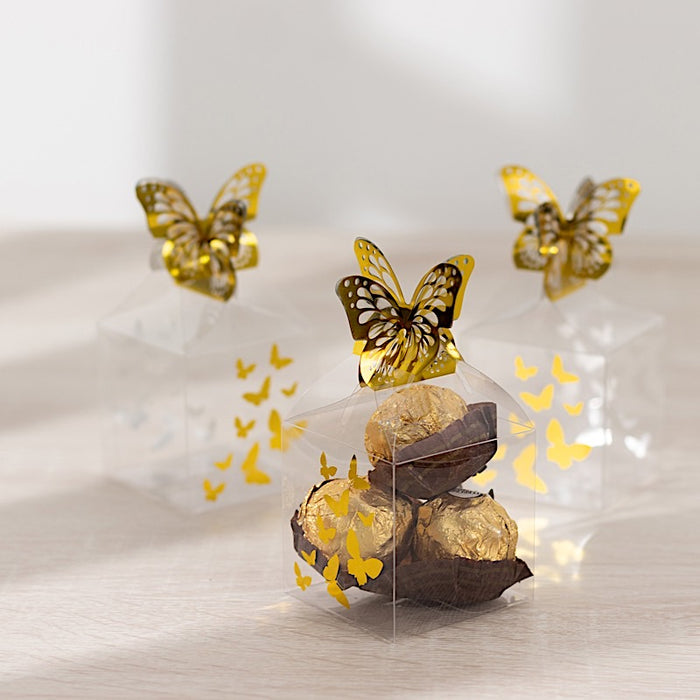 25 Plastic Square Candy Gift Boxes with Gold Butterfly Top - Clear