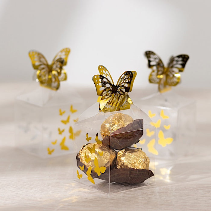 25 Plastic Square Candy Gift Boxes with Gold Butterfly Top - Clear