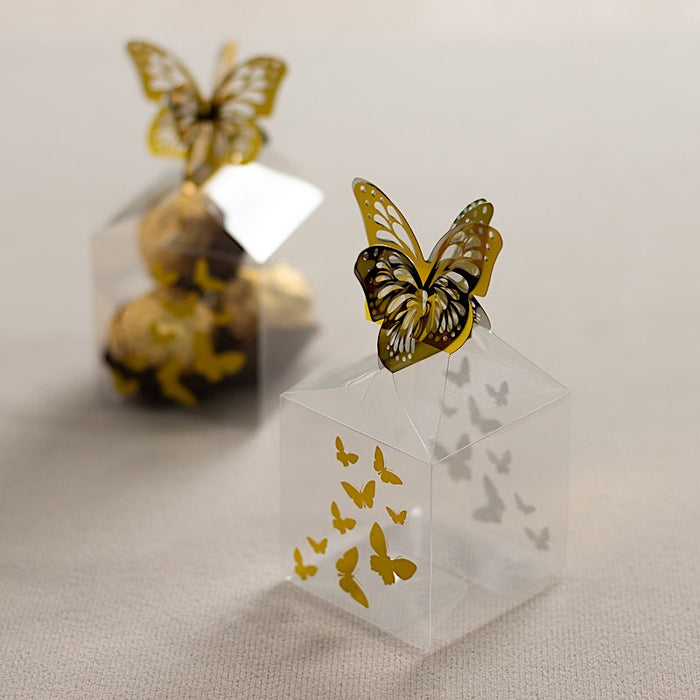 25 Plastic Square Candy Gift Boxes with Gold Butterfly Top - Clear