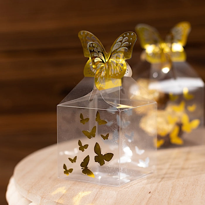 25 Plastic Square Candy Gift Boxes with Gold Butterfly Top - Clear