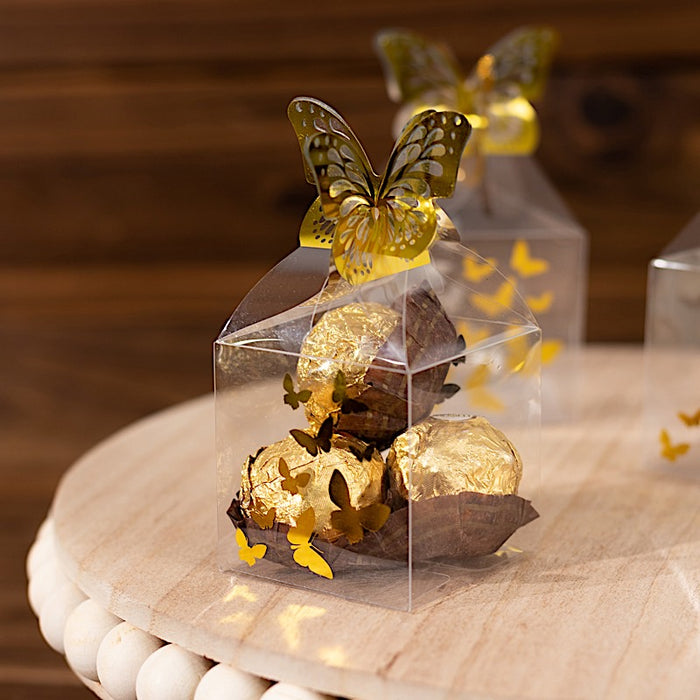 25 Plastic Square Candy Gift Boxes with Gold Butterfly Top - Clear