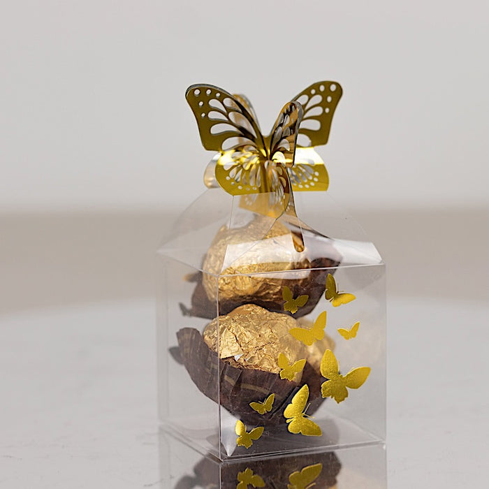 25 Plastic Square Candy Gift Boxes with Gold Butterfly Top - Clear