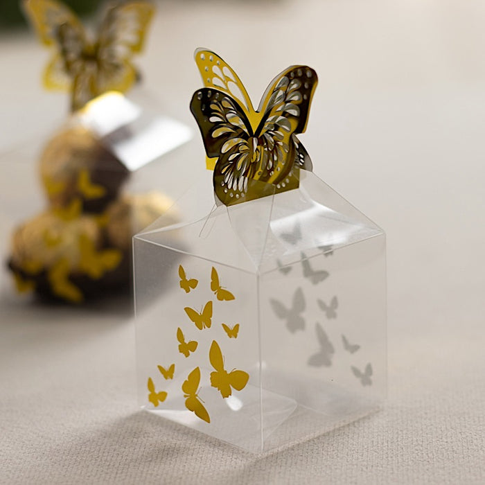 25 Plastic Square Candy Gift Boxes with Gold Butterfly Top - Clear