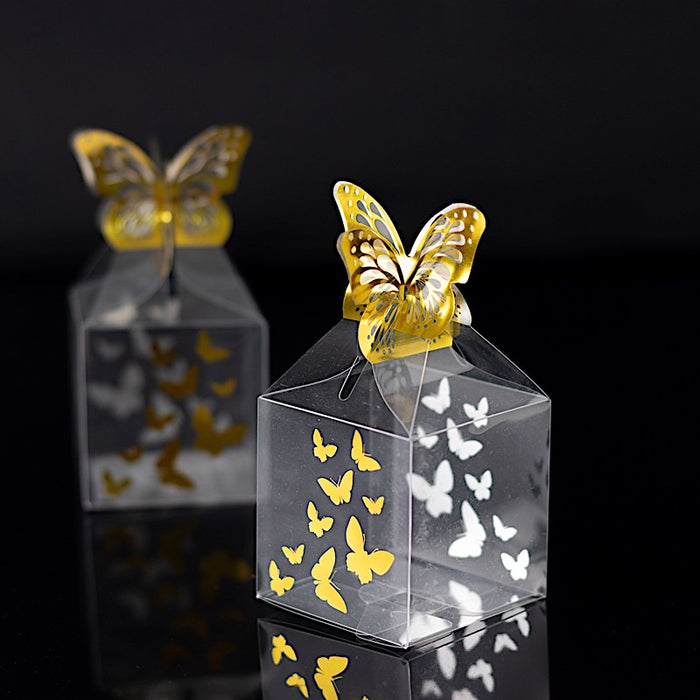 25 Plastic Square Candy Gift Boxes with Gold Butterfly Top - Clear