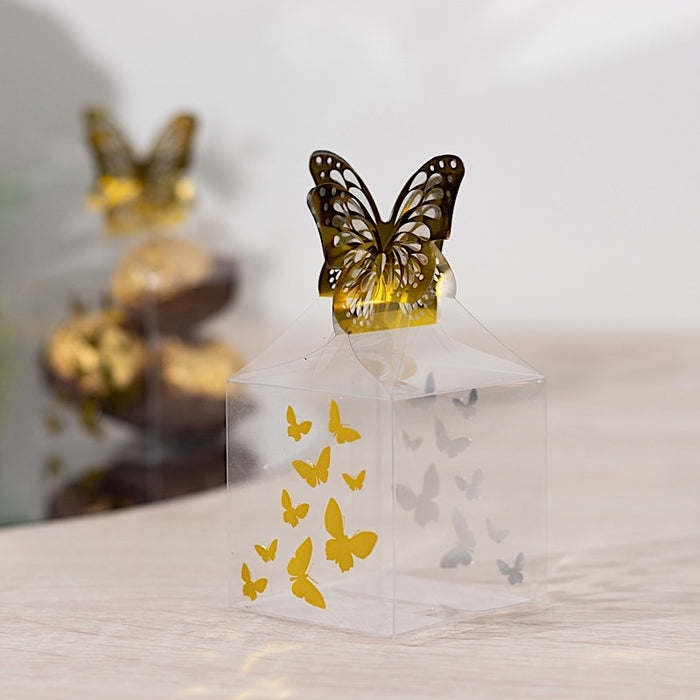 25 Plastic Square Candy Gift Boxes with Gold Butterfly Top - Clear