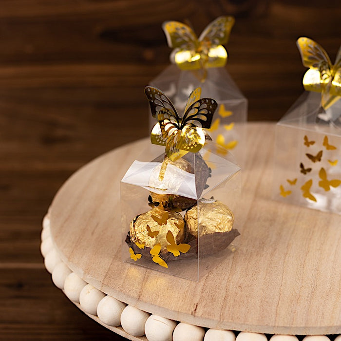 25 Plastic Square Candy Gift Boxes with Gold Butterfly Top - Clear