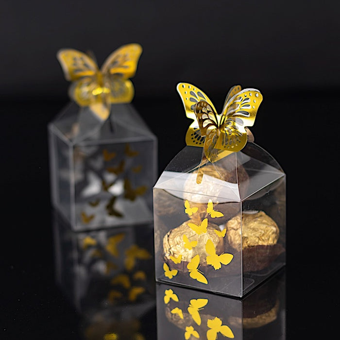 25 Plastic Square Candy Gift Boxes with Gold Butterfly Top - Clear