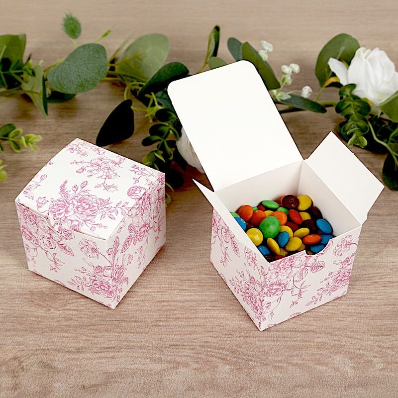 25 Square 3" x 3" Favor Boxes Floral Printed Gift Holders - White