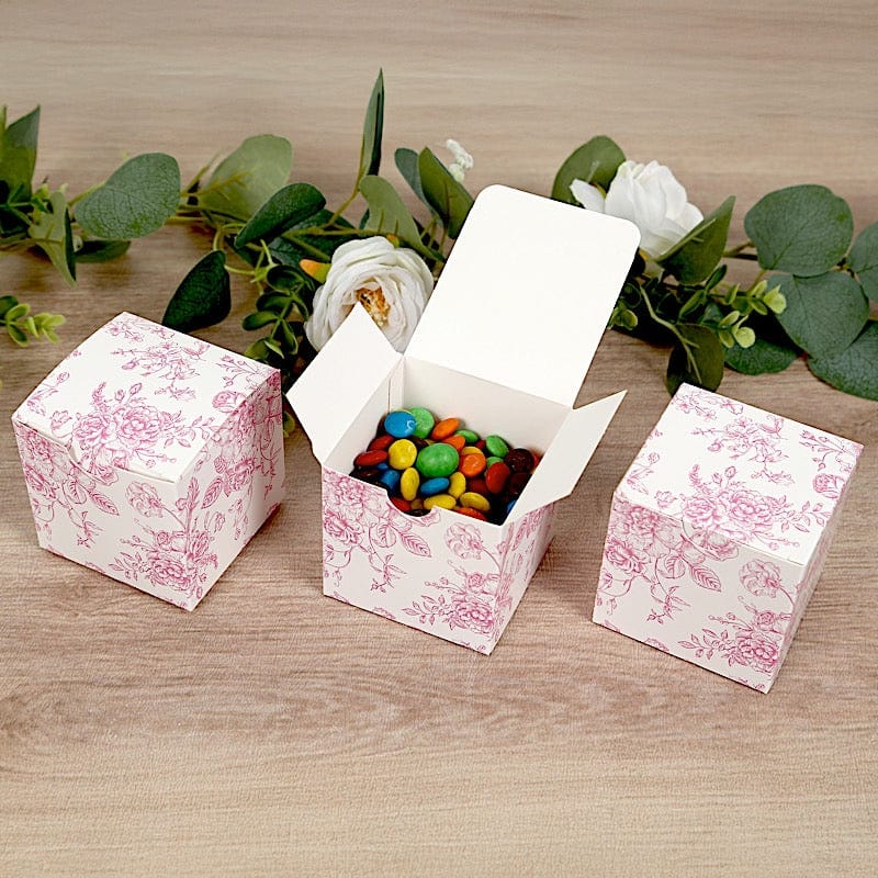 25 Square 3" x 3" Favor Boxes Floral Printed Gift Holders - White