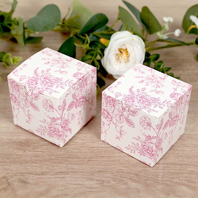 25 Square 3" x 3" Favor Boxes Floral Printed Gift Holders - White