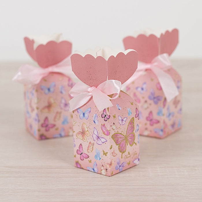 25 Floral Top Party Favor Boxes with Butterfly Print - Pink