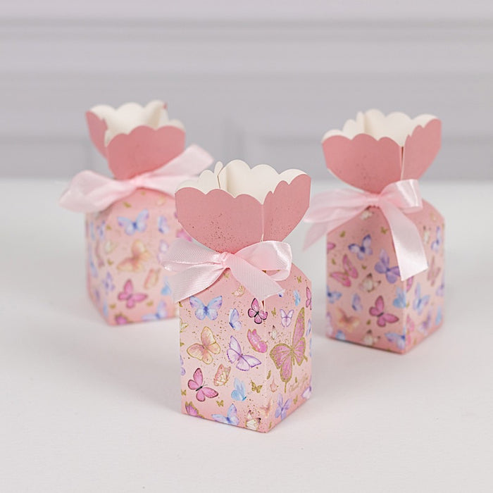 25 Floral Top Party Favor Boxes with Butterfly Print - Pink