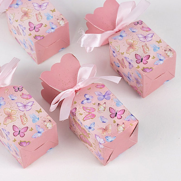 25 Floral Top Party Favor Boxes with Butterfly Print - Pink