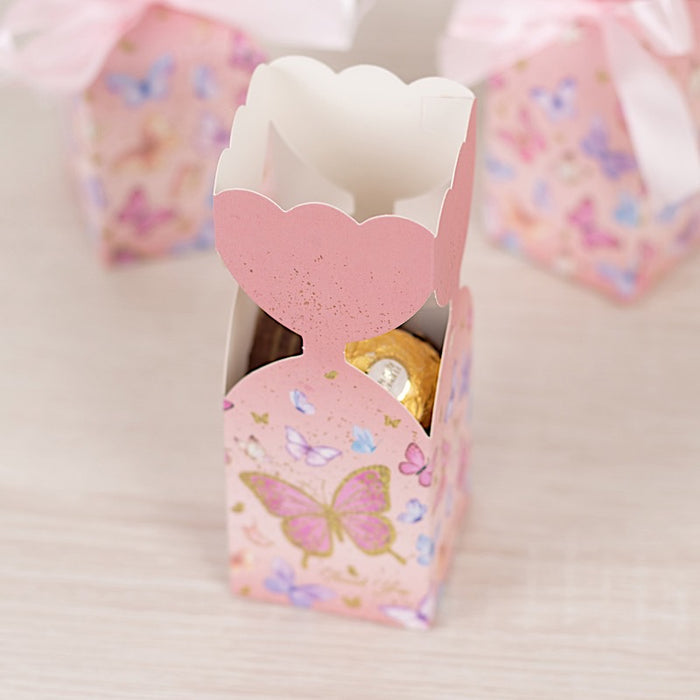 25 Floral Top Party Favor Boxes with Butterfly Print - Pink