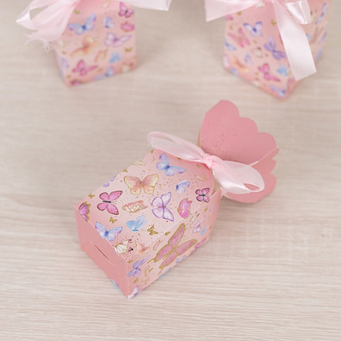 25 Floral Top Party Favor Boxes with Butterfly Print - Pink