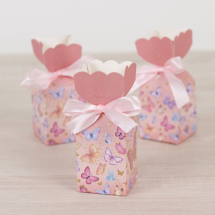 25 Floral Top Party Favor Boxes with Butterfly Print - Pink