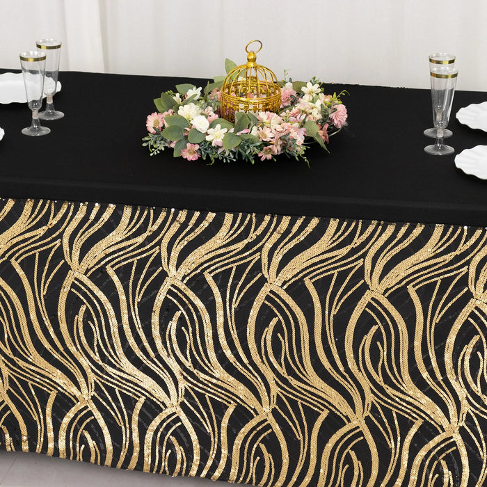 6 ft Spandex Tablecloth with Wave Embroidered Sequins - Black and Gold