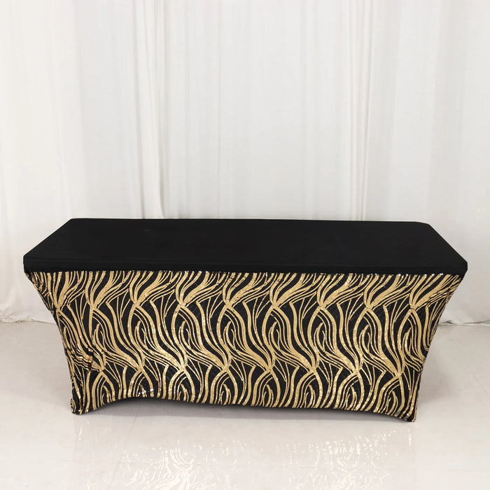 6 ft Spandex Tablecloth with Wave Embroidered Sequins - Black and Gold