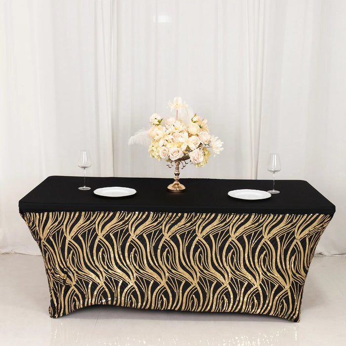 6 ft Spandex Tablecloth with Wave Embroidered Sequins - Black and Gold