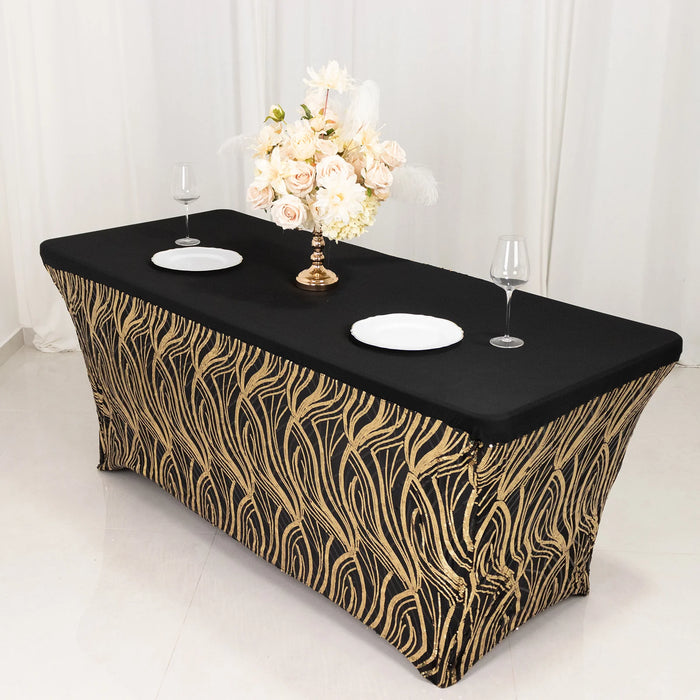 6 ft Spandex Tablecloth with Wave Embroidered Sequins - Black and Gold