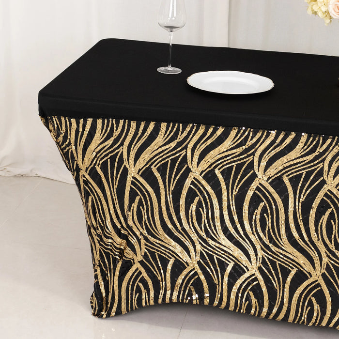 6 ft Spandex Tablecloth with Wave Embroidered Sequins - Black and Gold